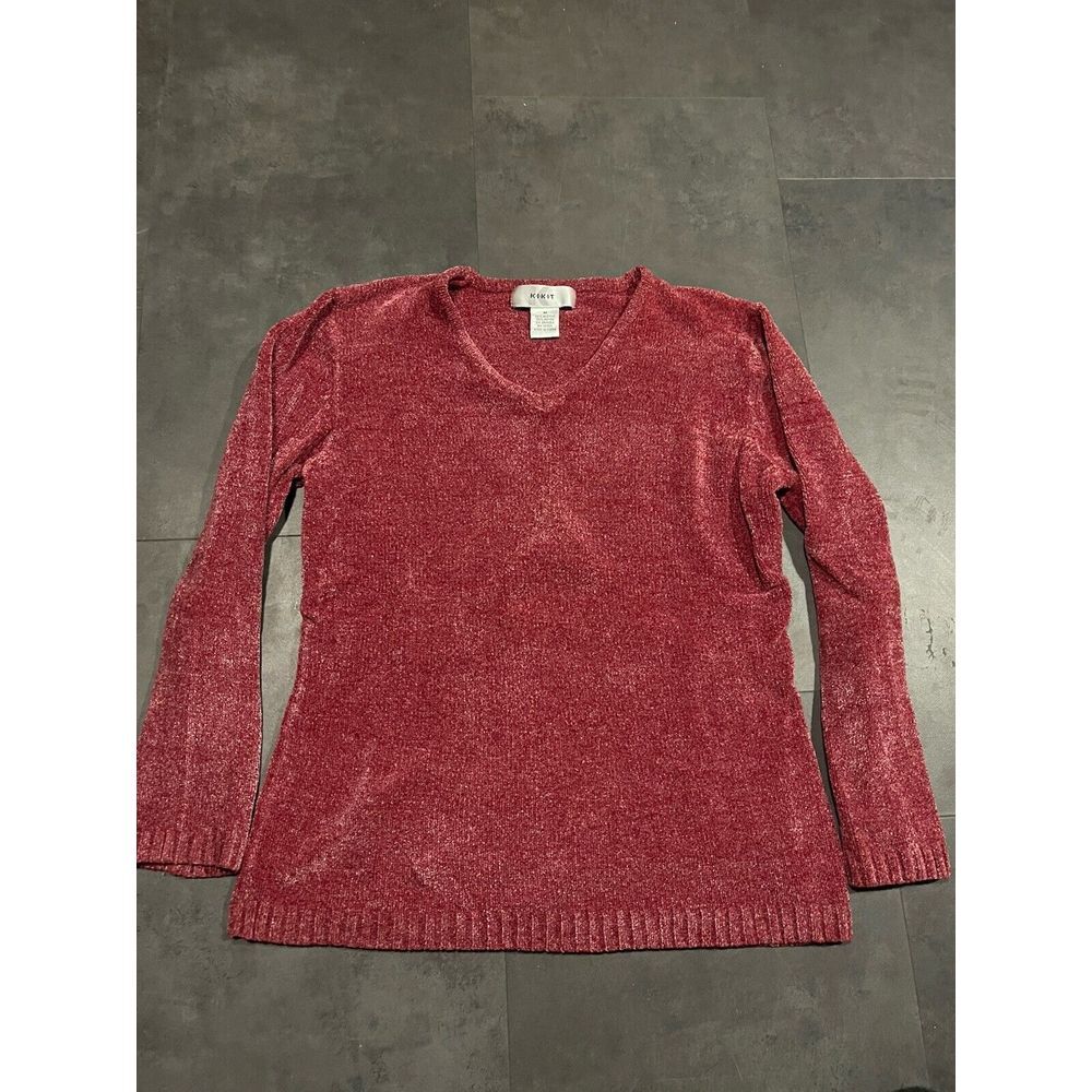 KIKIT Medium Chenille Pullover Sweater Cozy Knit Tiger Design Burgundy D-205
